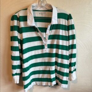 LOFT Green and White Button Down Shirt with 3/4 Sleeves large